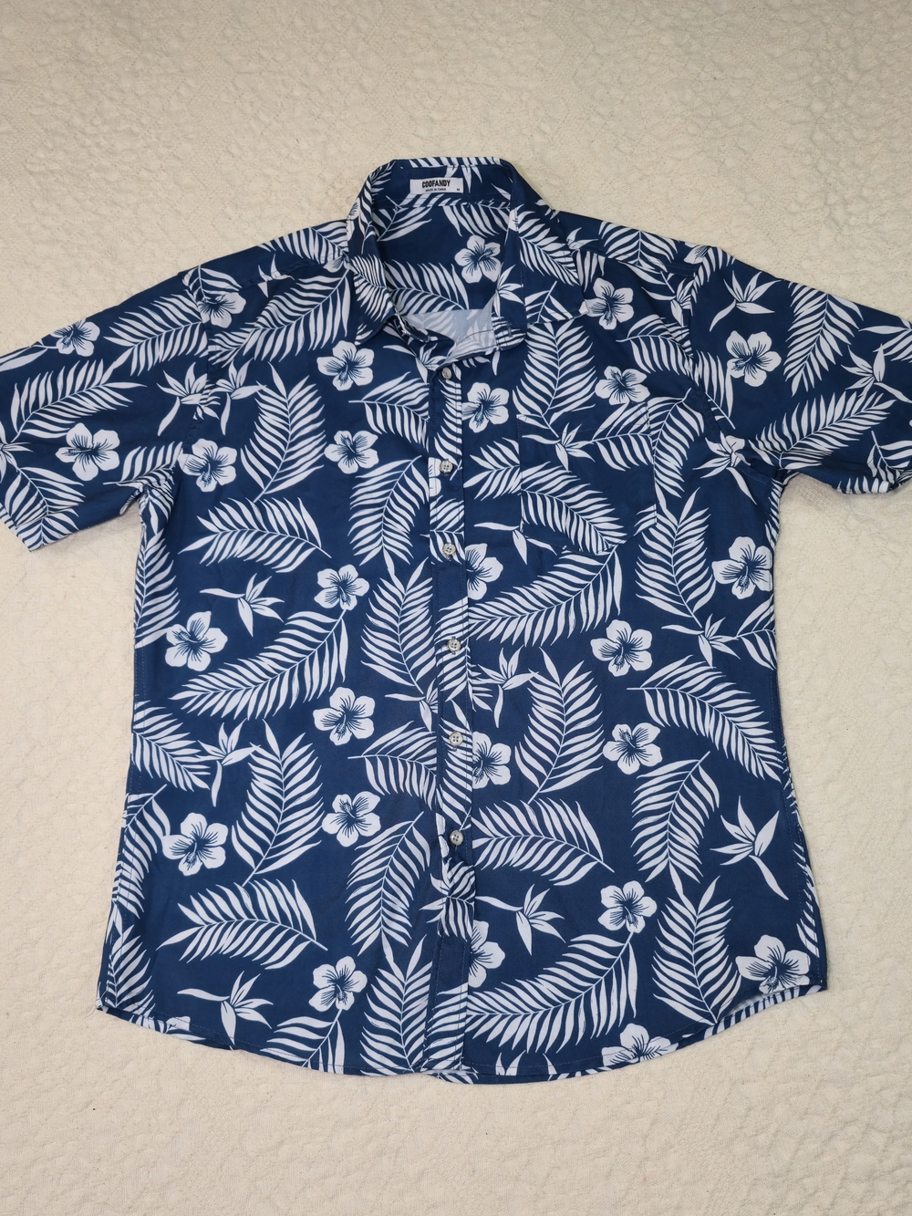 COOFANDY Mens Medium Hawaiian Shirt Blue White Floral Leaf Short Sleeve Button U